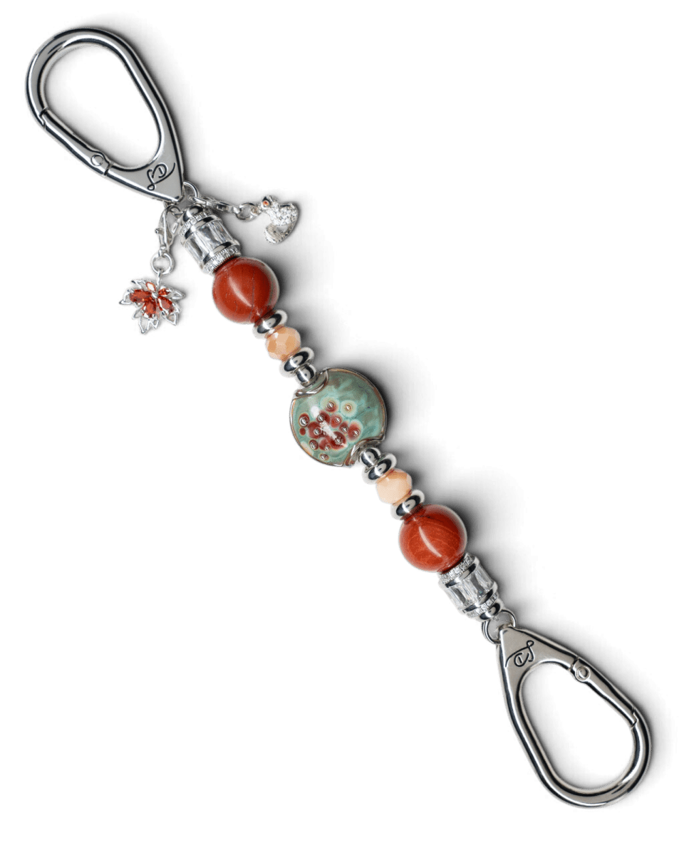 LD Keyfinder Petite Maple Majesty featuring red jasper, peach jade, artisan glass, and autumn-themed charms.