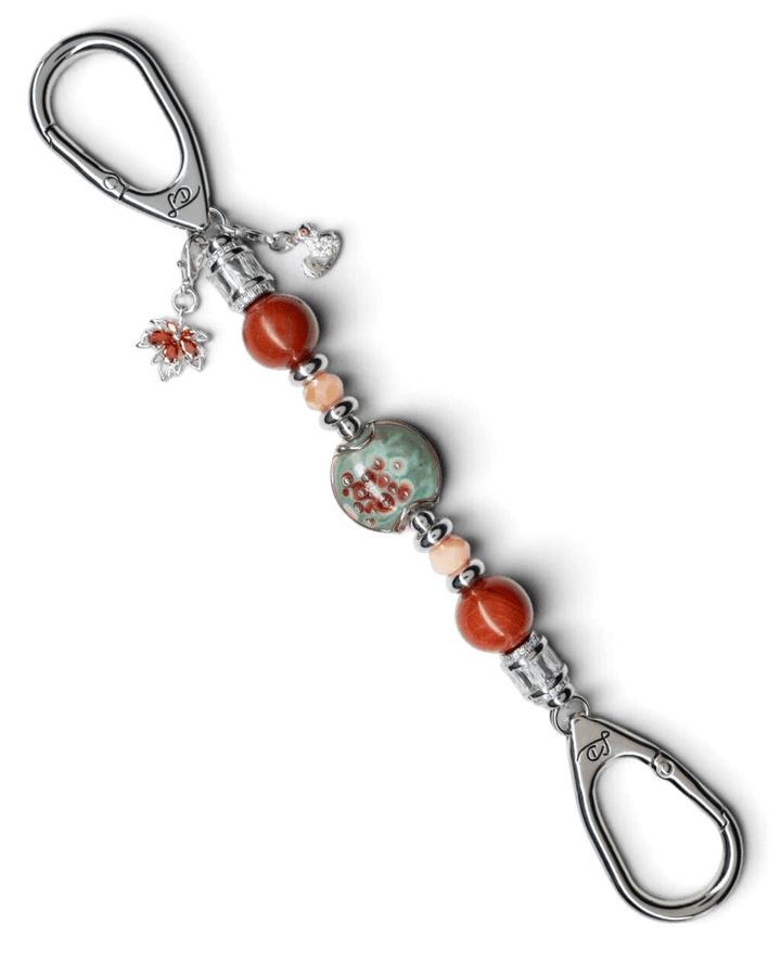 LD Keyfinder Petite Maple Majesty featuring red jasper, peach jade, artisan glass, and autumn-themed charms.