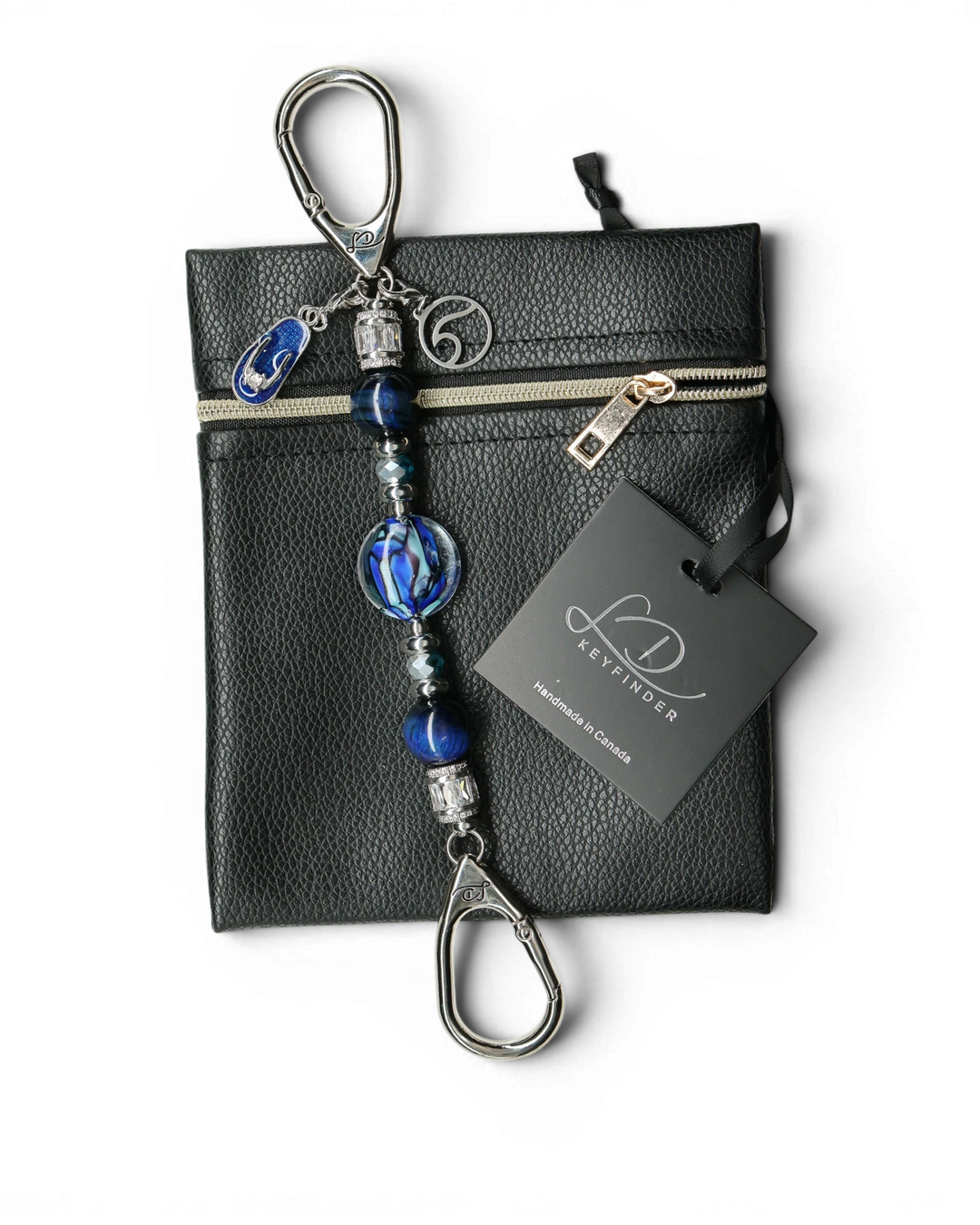 LD Keyfinder Petite Ocean Mosaic beaded keychain with artisan glass, blue tiger eye, and coastal charms on black pouch