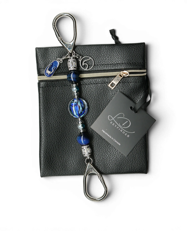 LD Keyfinder Petite Ocean Mosaic beaded keychain with artisan glass, blue tiger eye, and coastal charms on black pouch
