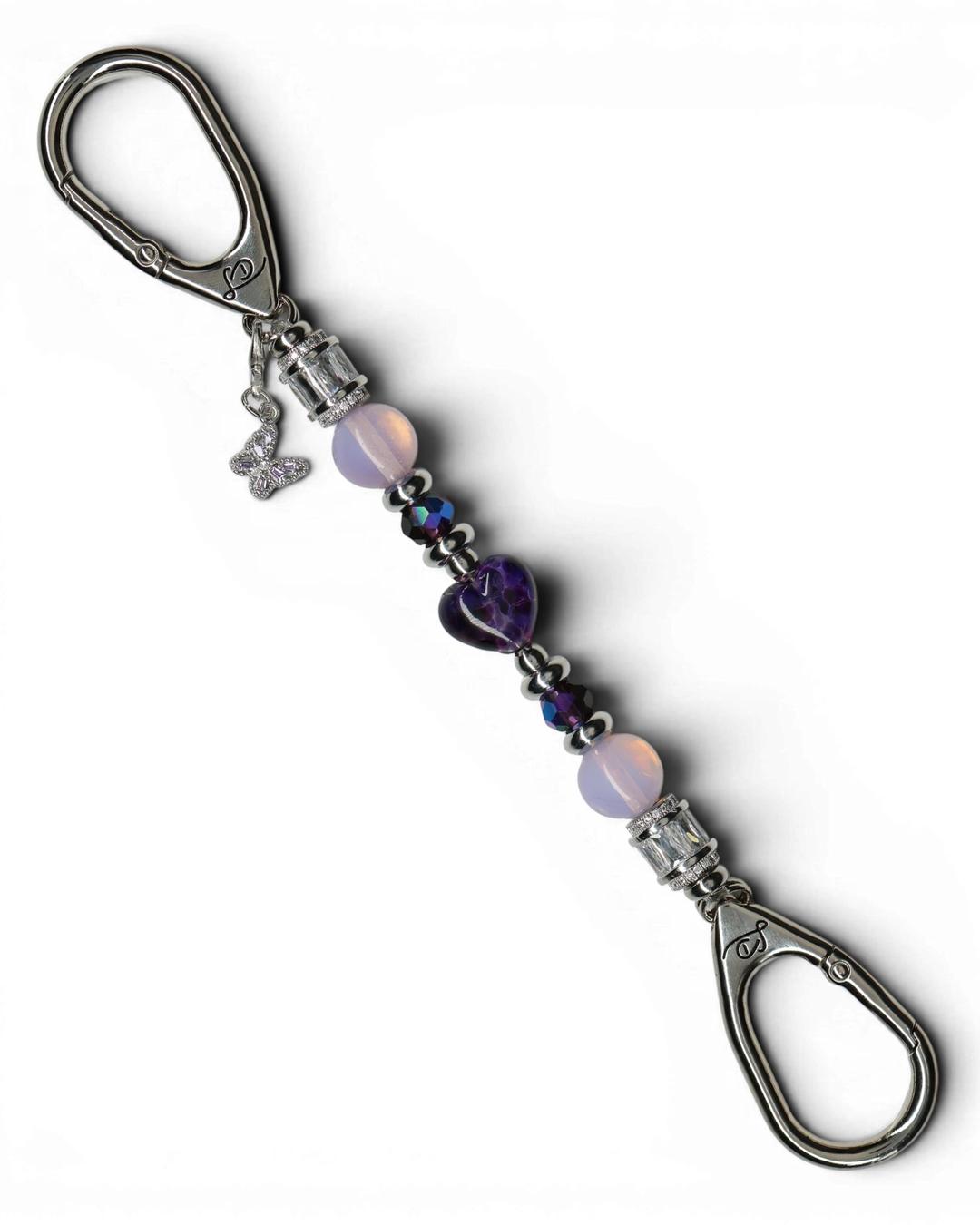 LD Keyfinder Petite Orchid Flutter with pink opalite, dark orchid glass beads, and a purple rhinestone butterfly charm.