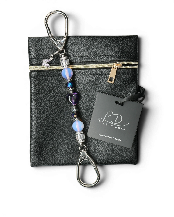 LD Keyfinder Petite Orchid Flutter with pink opalite, dark orchid glass beads, and a rhinestone butterfly charm.