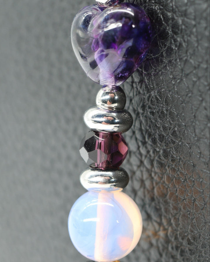 LD Keyfinder Petite Orchid Flutter featuring a handcrafted purple glass heart, pink opalite, and platinum-plated beads.
