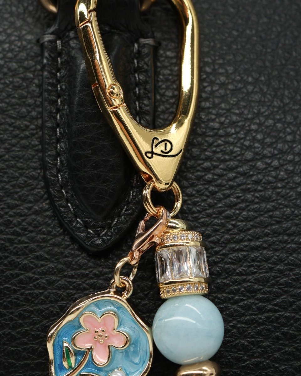 LD Keyfinder Petite Pastel Garden charm with aquamarine, pink glass beads, and gold-plated flower charm.
