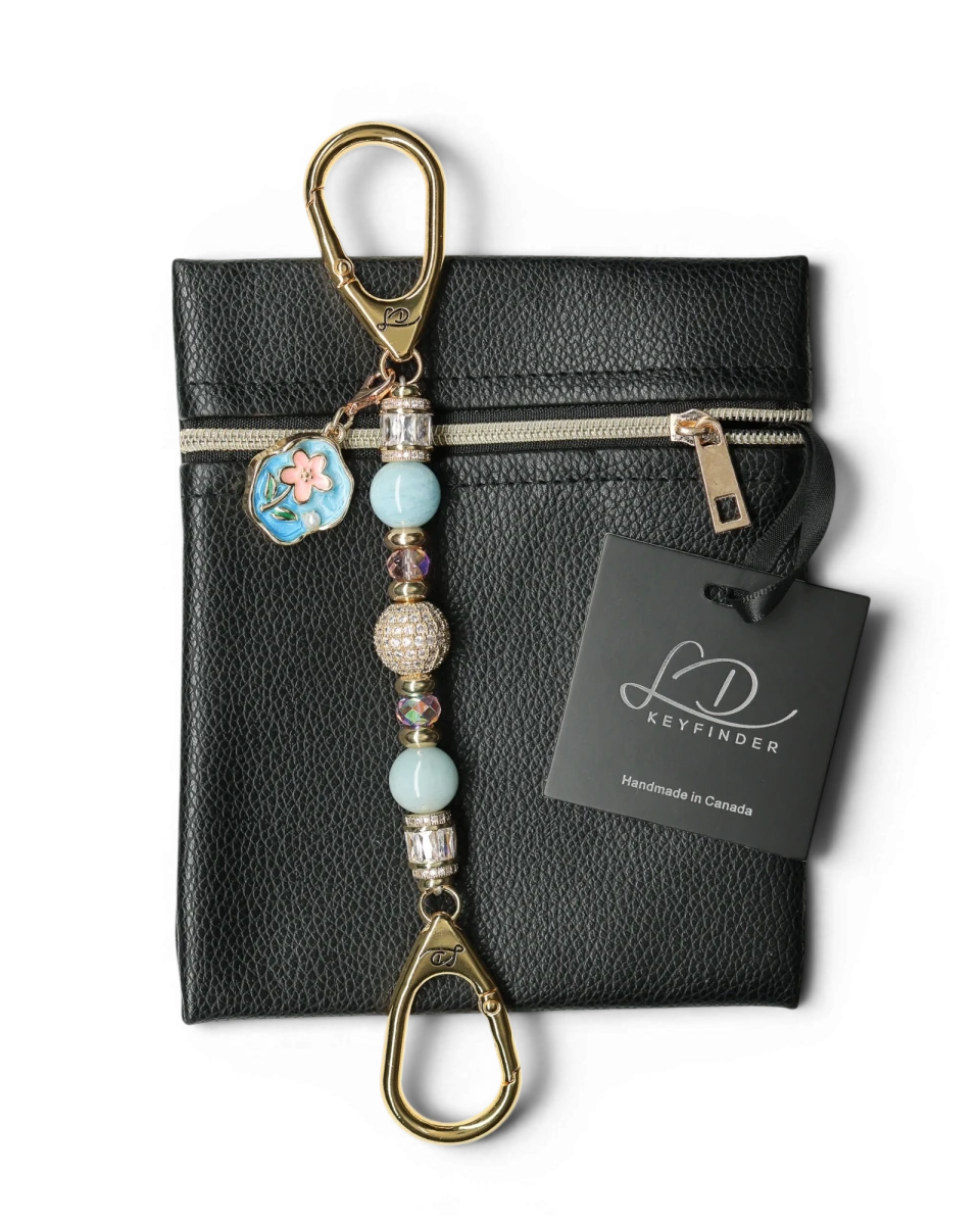 LD Keyfinder Petite Pastel Garden keychain with aquamarine, pink glass beads, gold-plated micropavé bead, and flower charm.