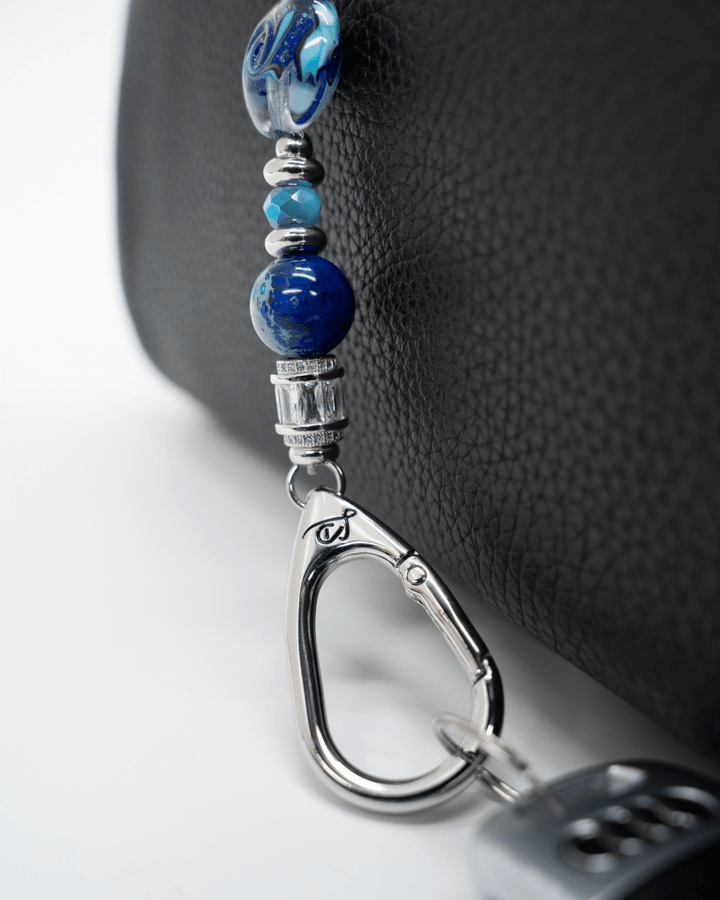 LD Keyfinder Petite Sapphire Allure featuring artisan glass, blue jasper, and platinum-plated beads on a key clip.
