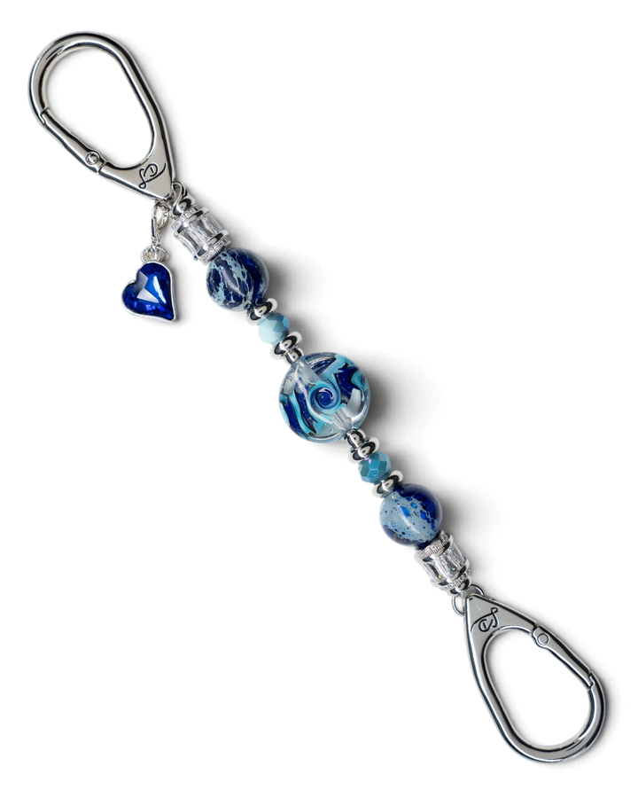 LD Keyfinder Petite Sapphire Allure featuring artisan glass, blue jasper, and a sapphire heart charm on platinum hardware.