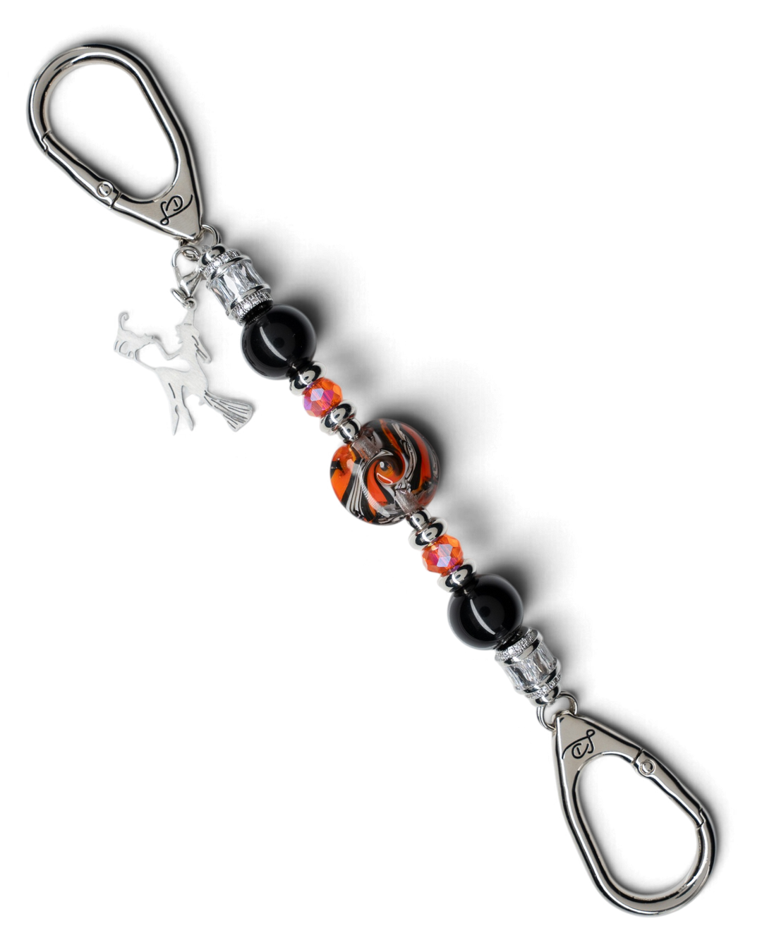 LD Keyfinder Petite Spellbound featuring black obsidian, orange glass beads, platinum accents, and a witch charm.