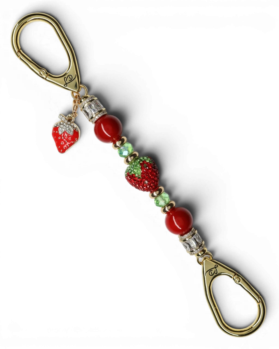 LD Keyfinder Petite Strawberry Fields key accessory with red shell pearls, green glass beads, and crystal strawberry.