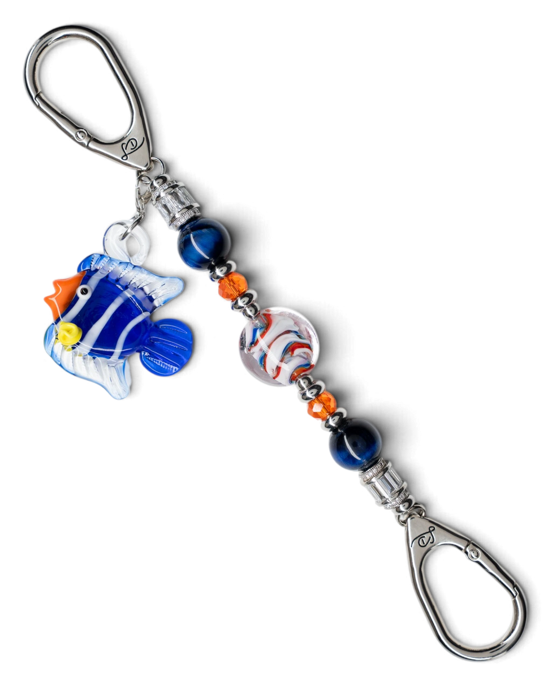 LD Keyfinder Petite Tropical Tango featuring blue tiger eye beads, artisan glass, and a removable tropical fish charm.
