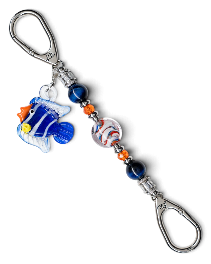 LD Keyfinder Petite Tropical Tango featuring blue tiger eye beads, artisan glass, and a removable tropical fish charm.