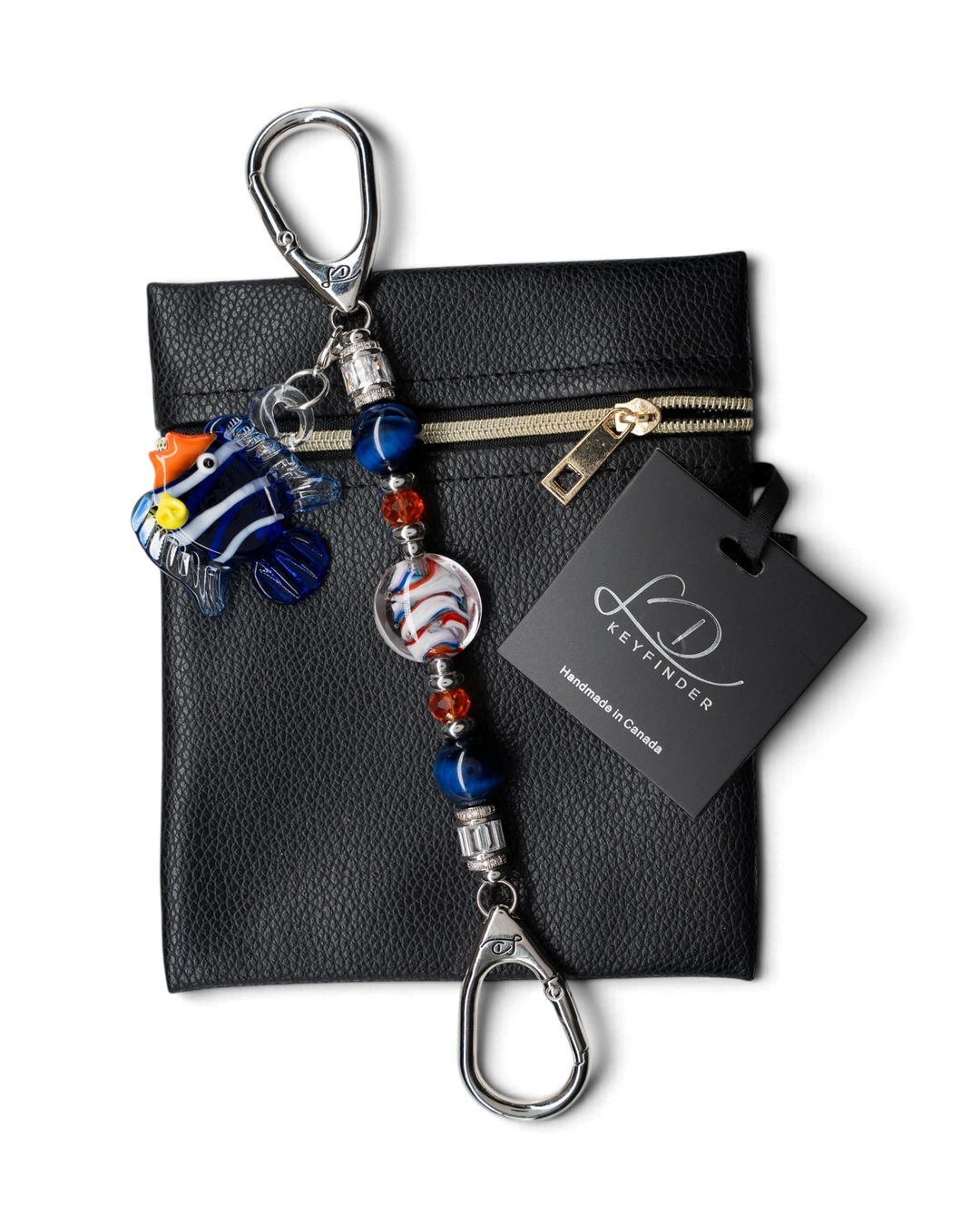 LD Keyfinder Petite Tropical Tango artisan glass bead keychain with a removable tropical fish charm and leather pouch.