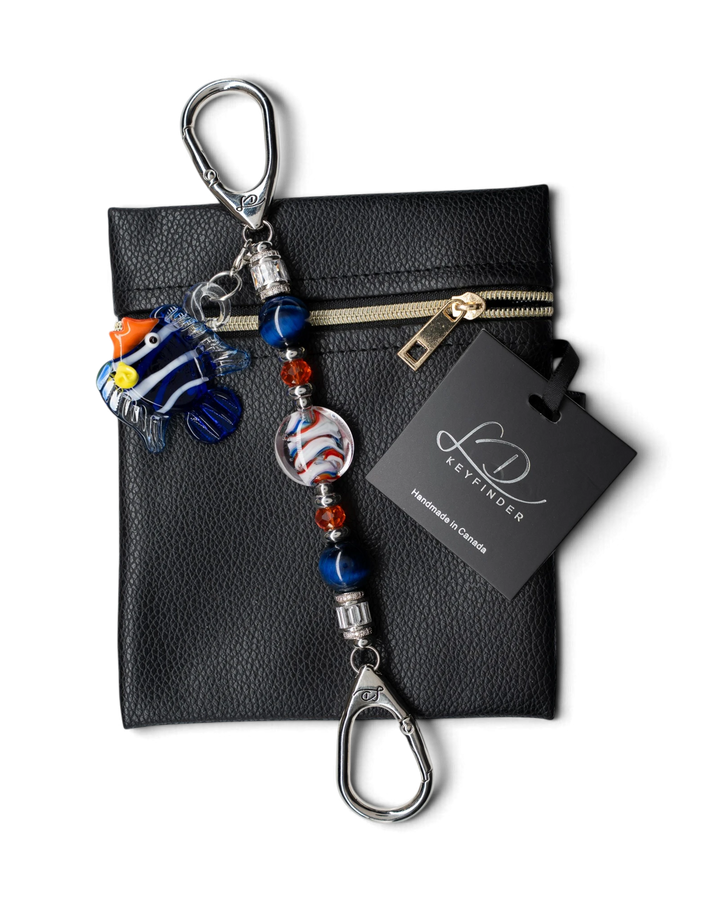 LD Keyfinder Petite Tropical Tango artisan glass bead keychain with a removable tropical fish charm and leather pouch.