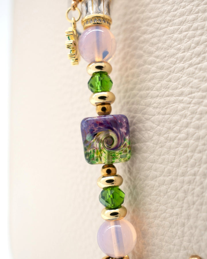 LD Keyfinder Petite Verdant Bloom featuring pink opalite, green glass beads, and a purple artisan lampwork centerpiece.