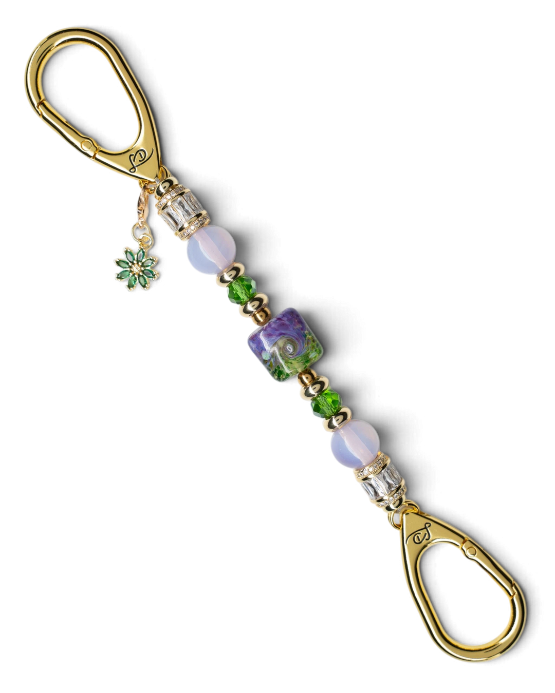 LD Keyfinder Petite Verdant Bloom featuring a handcrafted lampwork glass bead, pink opalite, and gold-plated accents.