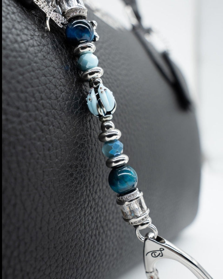 LD Keyfinder Petite Whispering Garden accessory with blue tiger eye, jade beads, and a handcrafted glass tulip charm.
