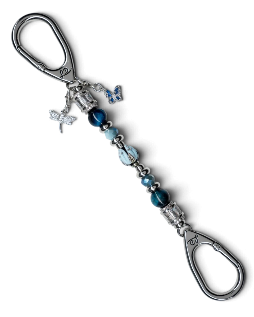 LD Keyfinder Petite Whispering Garden keychain with blue tiger eye, glass tulip, dragonfly, and butterfly charms.