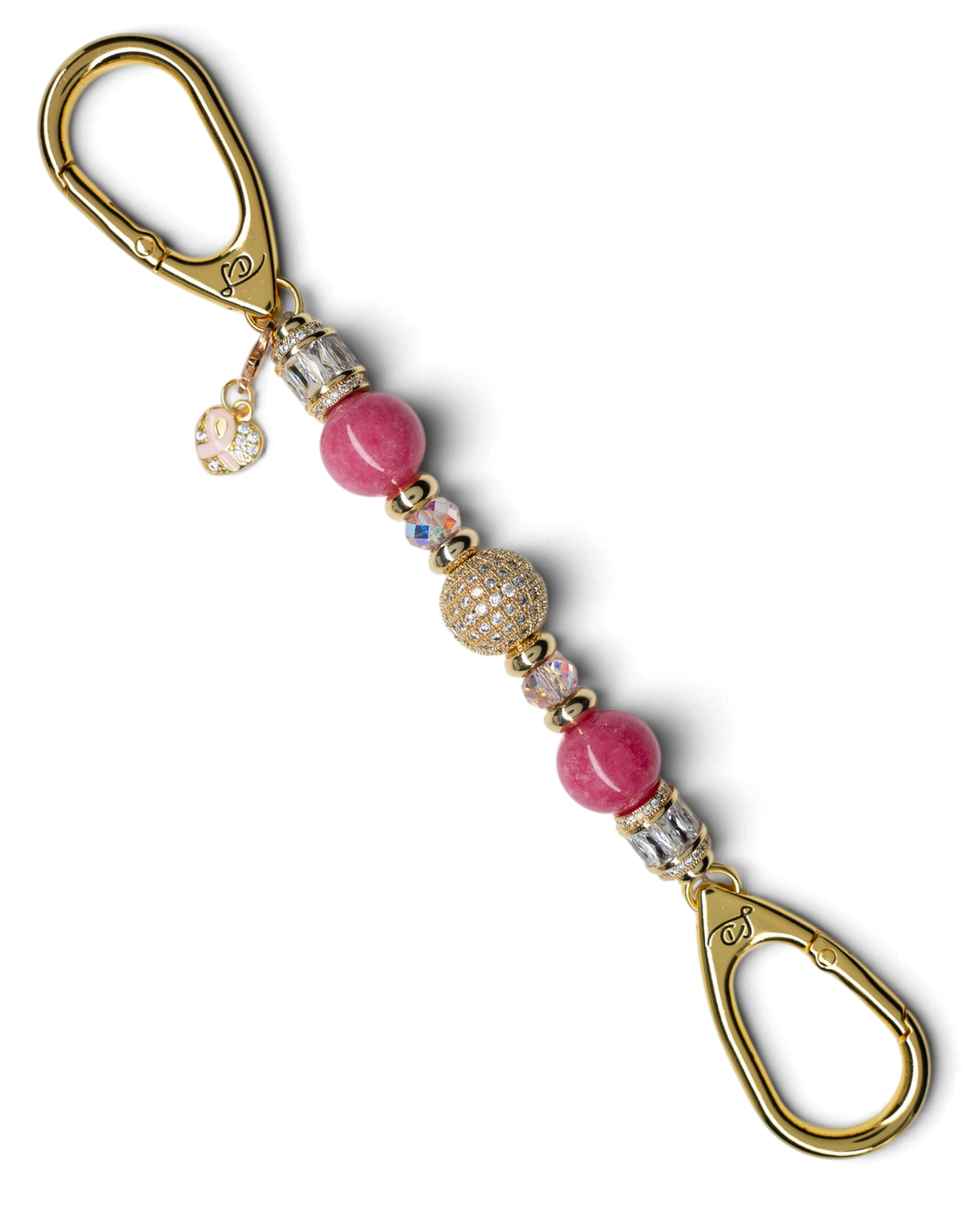 LD Keyfinder Petite Radiant Hope featuring pink jade beads, gold-plated pavé centerpiece, and a pink ribbon charm.
