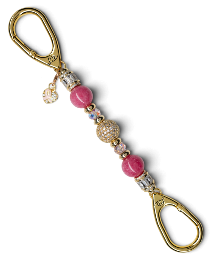 LD Keyfinder Petite Radiant Hope featuring pink jade beads, gold-plated pavé centerpiece, and a pink ribbon charm.