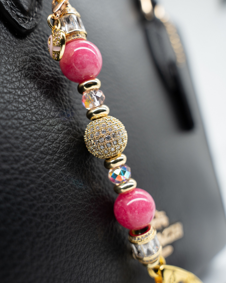 LD Keyfinder Petite Radiant Hope featuring pink jade beads, gold-plated pavé rhinestone accents, and a pink ribbon charm.