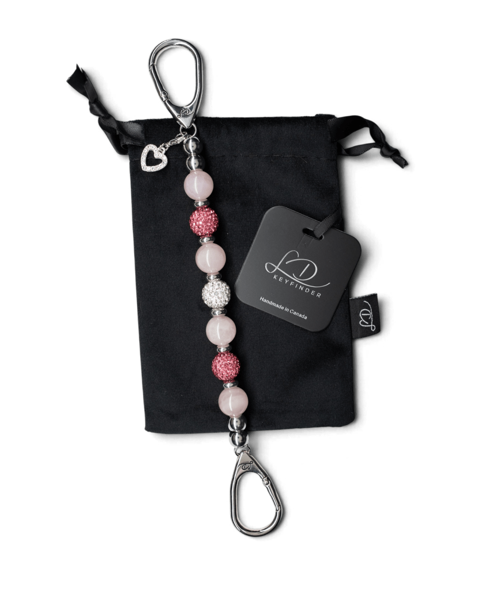 LD Keyfinder Princess Pink beaded keychain with rose quartz, Austrian crystals, and a rhinestone heart charm.
