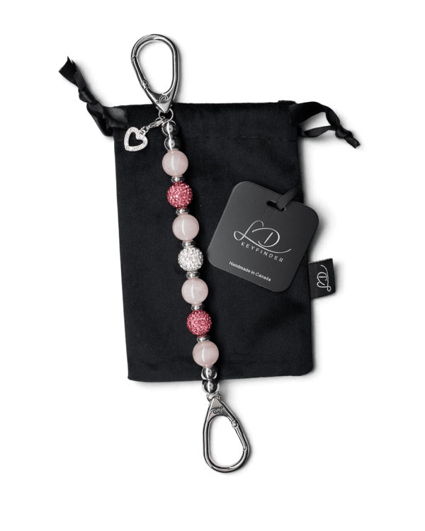 LD Keyfinder Princess Pink beaded keychain with rose quartz, Austrian crystals, and a rhinestone heart charm.