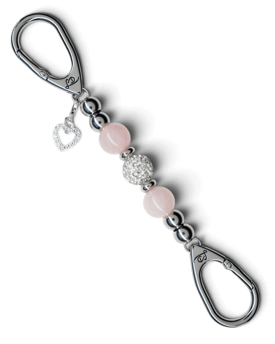 LD Keyfinder Princess Pink Mini keychain with rose quartz beads, Austrian crystal, and a rhinestone heart charm.