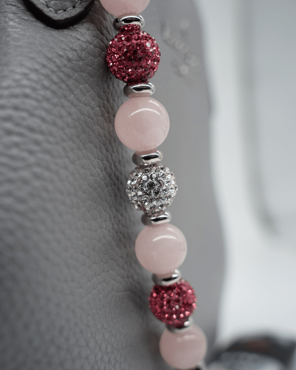 LD Keyfinder Princess Pink beaded accessory with rose quartz, dark rose Austrian crystals, and rhinestone spacers.