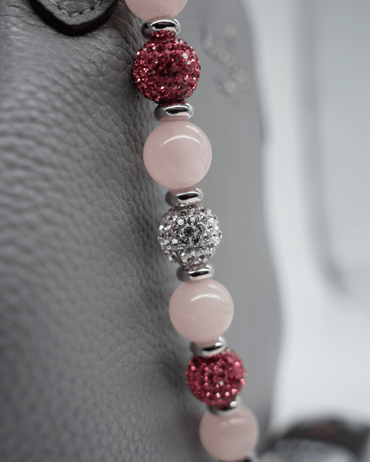 LD Keyfinder Princess Pink beaded accessory with rose quartz, dark rose Austrian crystals, and rhinestone spacers.