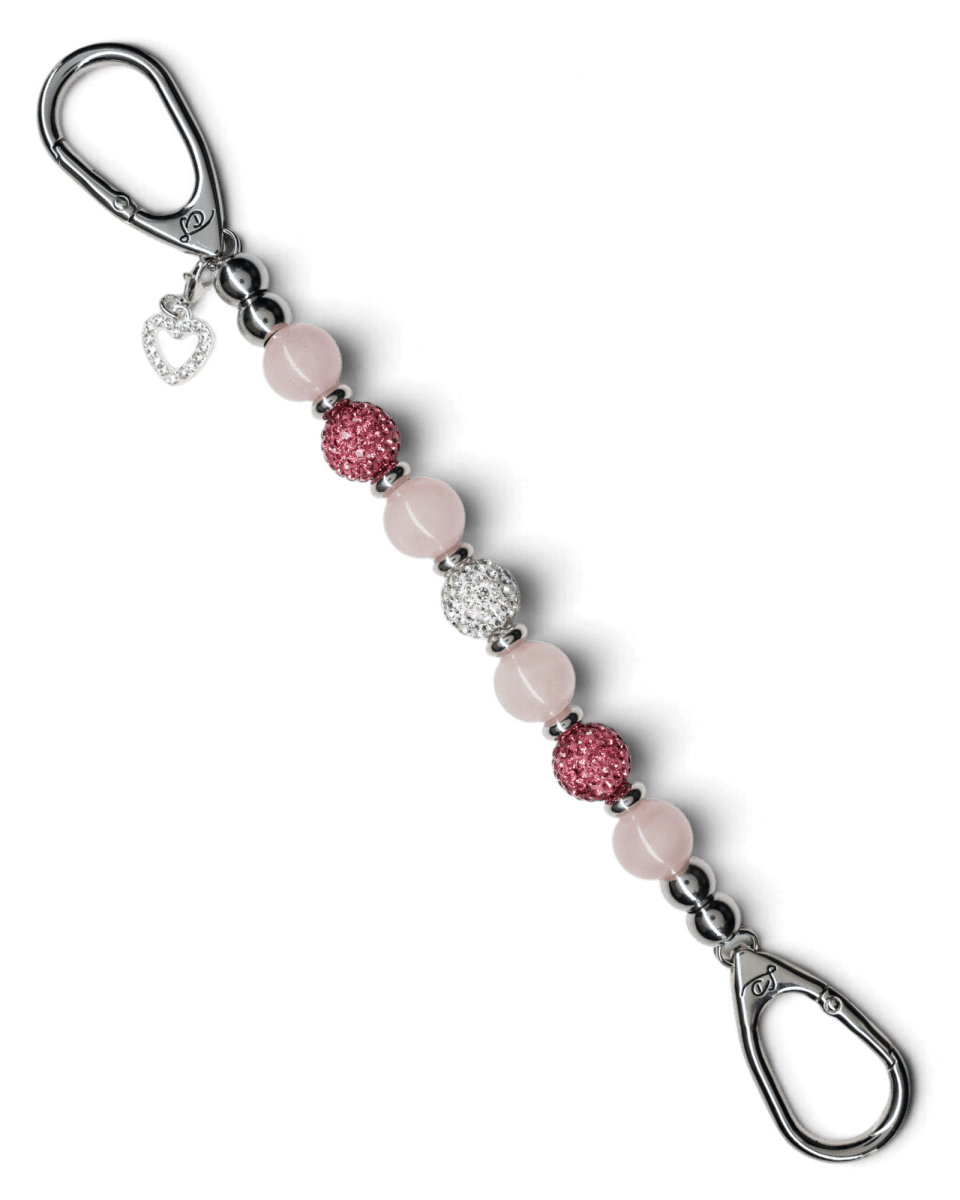 LD Keyfinder Princess Pink beaded keychain with rose quartz, Austrian crystals, and a rhinestone heart charm.