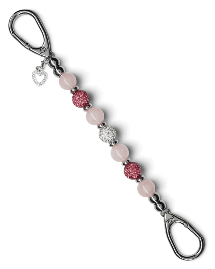 LD Keyfinder Princess Pink beaded keychain with rose quartz, Austrian crystals, and a rhinestone heart charm.