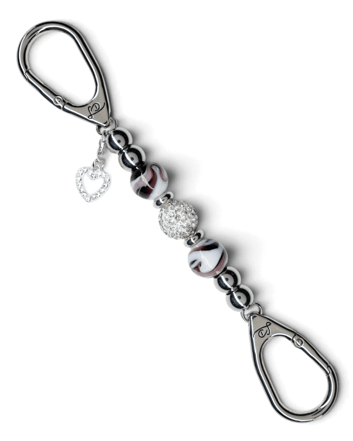 LD Keyfinder Purple Swirl-Mini keychain with lampwork glass beads, lilac crystal, and a rhinestone heart charm.