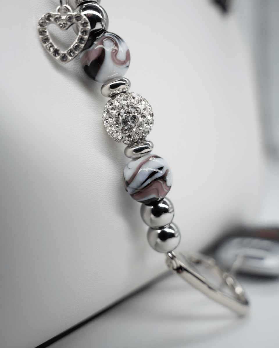 LD Keyfinder Purple Swirl Mini keychain with lampwork swirl glass beads, lilac crystal, and rhinestone heart charm.