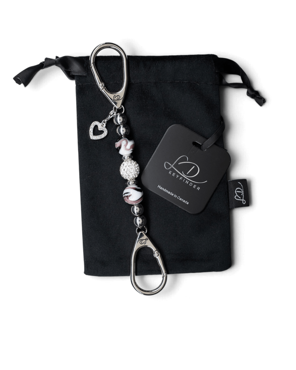 LD Keyfinder Purple Swirl Mini keychain with lampwork glass beads, lilac crystal, and a rhinestone heart charm.