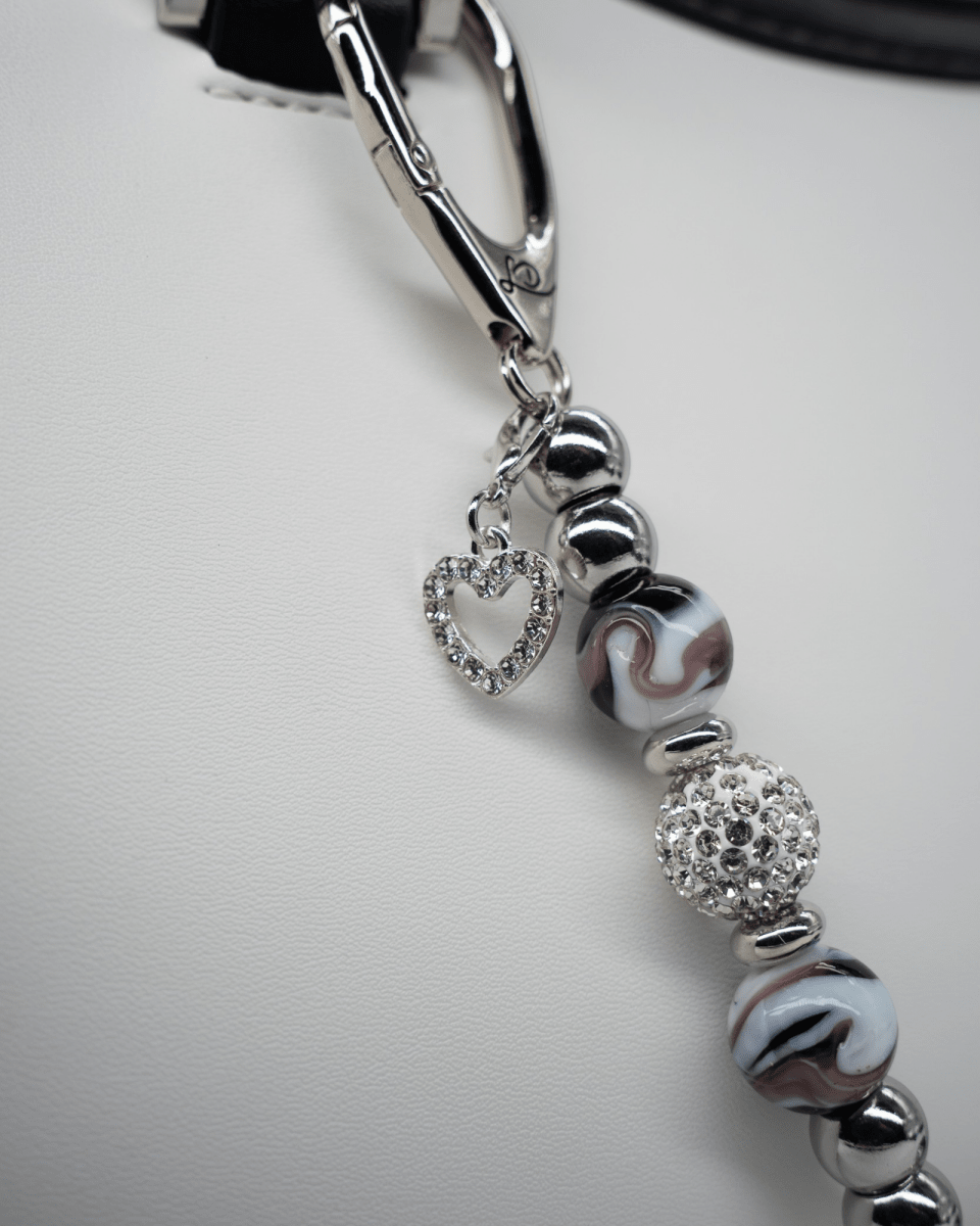 LD Keyfinder Purple Swirl-Mini keychain with lampwork glass beads, lilac crystal, and a rhinestone heart charm.