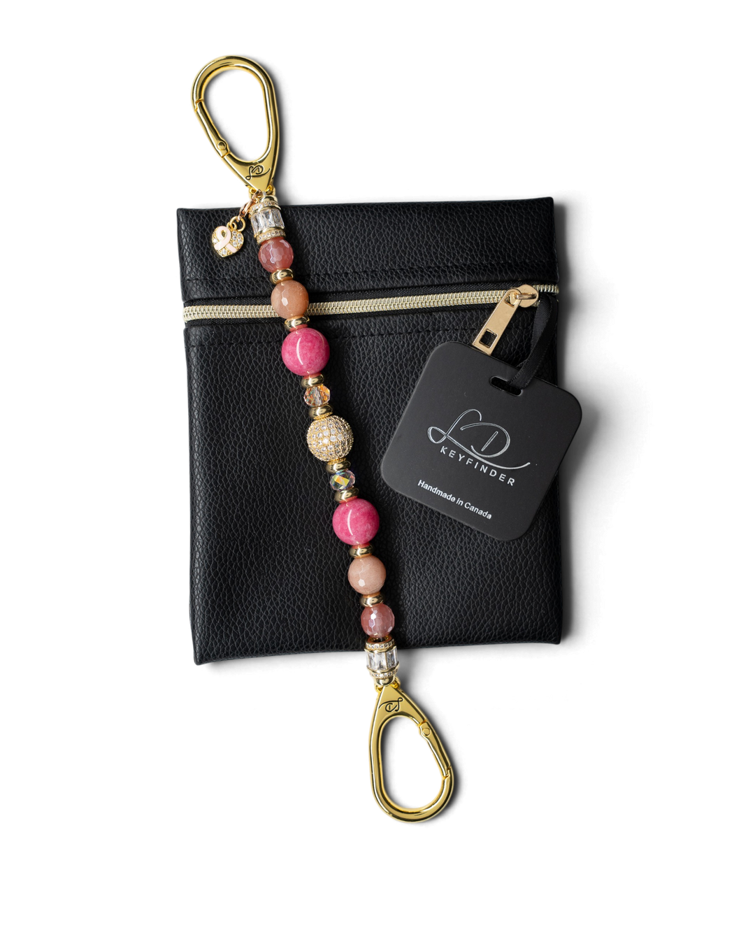 LD Keyfinder Radiant Hope beaded keychain with pink gemstones, gold pavé centerpiece, and pink ribbon heart charm.