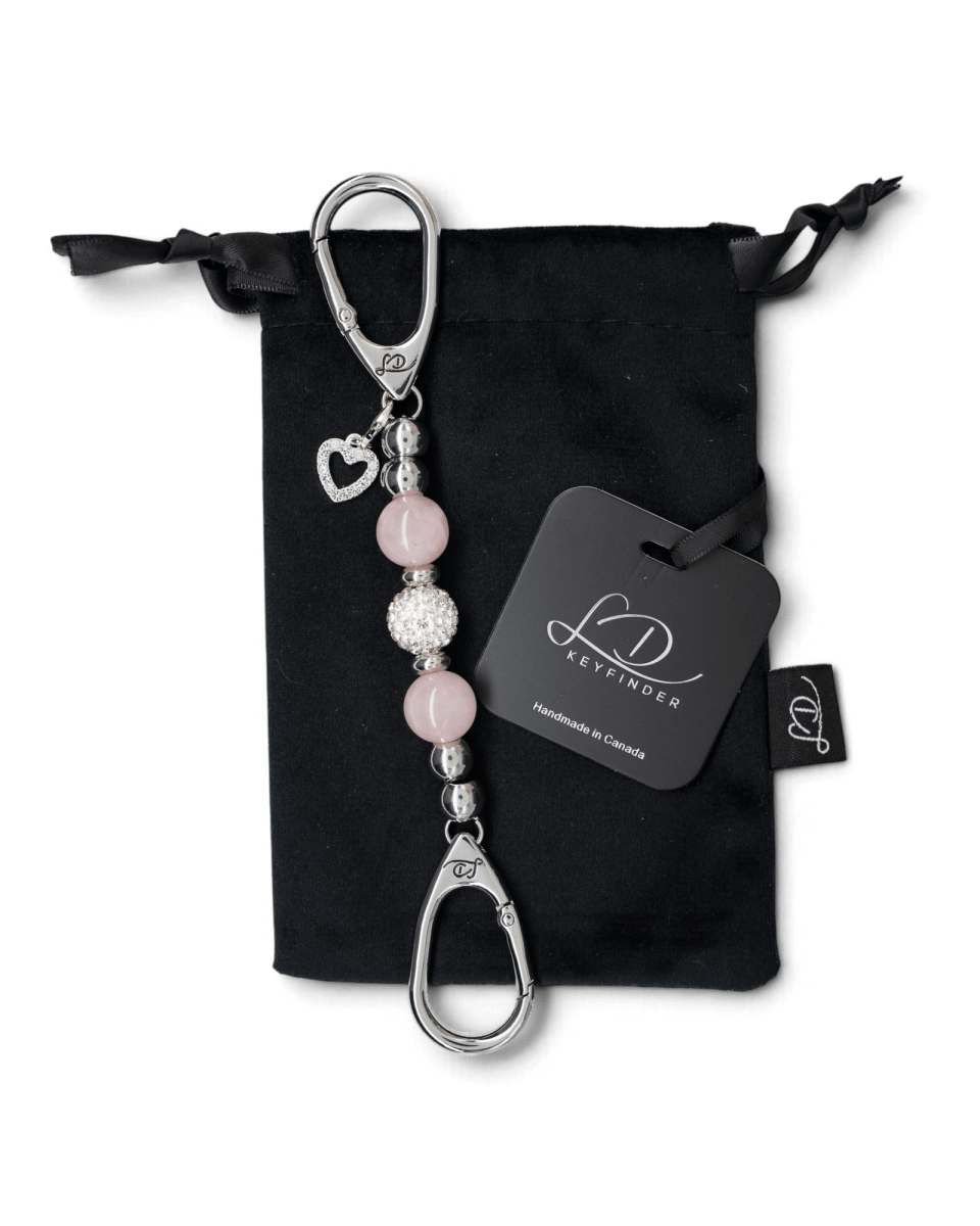 LD Keyfinder Princess Pink Mini keychain with rose quartz beads, Austrian crystal, and a rhinestone heart charm.