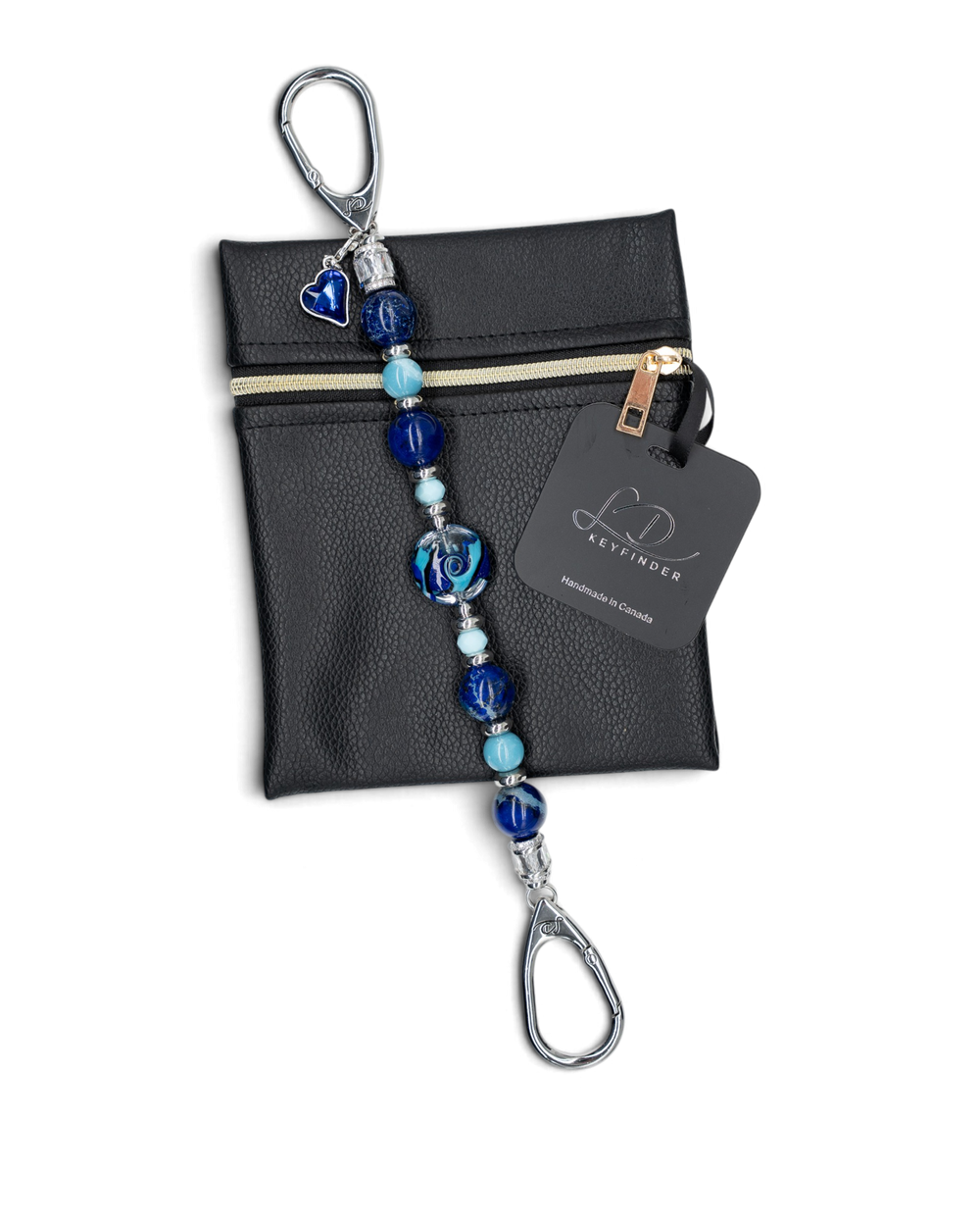 LD Keyfinder Sapphire Allure beaded keychain with blue artisan glass, jasper, larimar, and a sapphire heart charm.