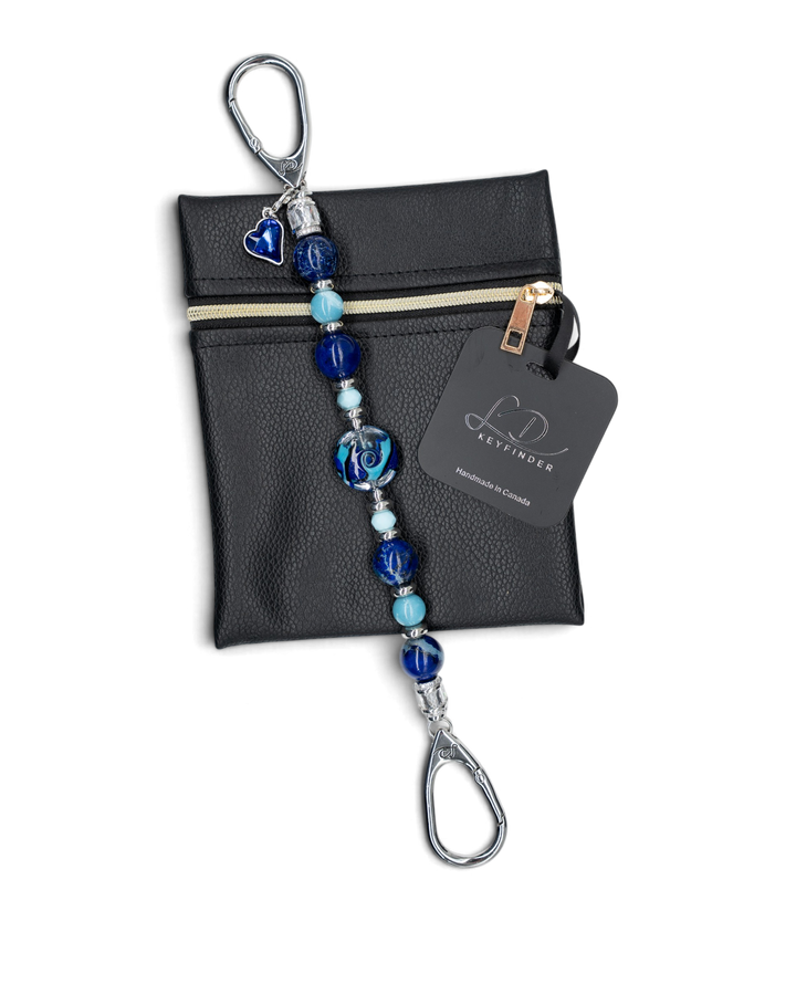 LD Keyfinder Sapphire Allure beaded keychain with blue artisan glass, jasper, larimar, and a sapphire heart charm.