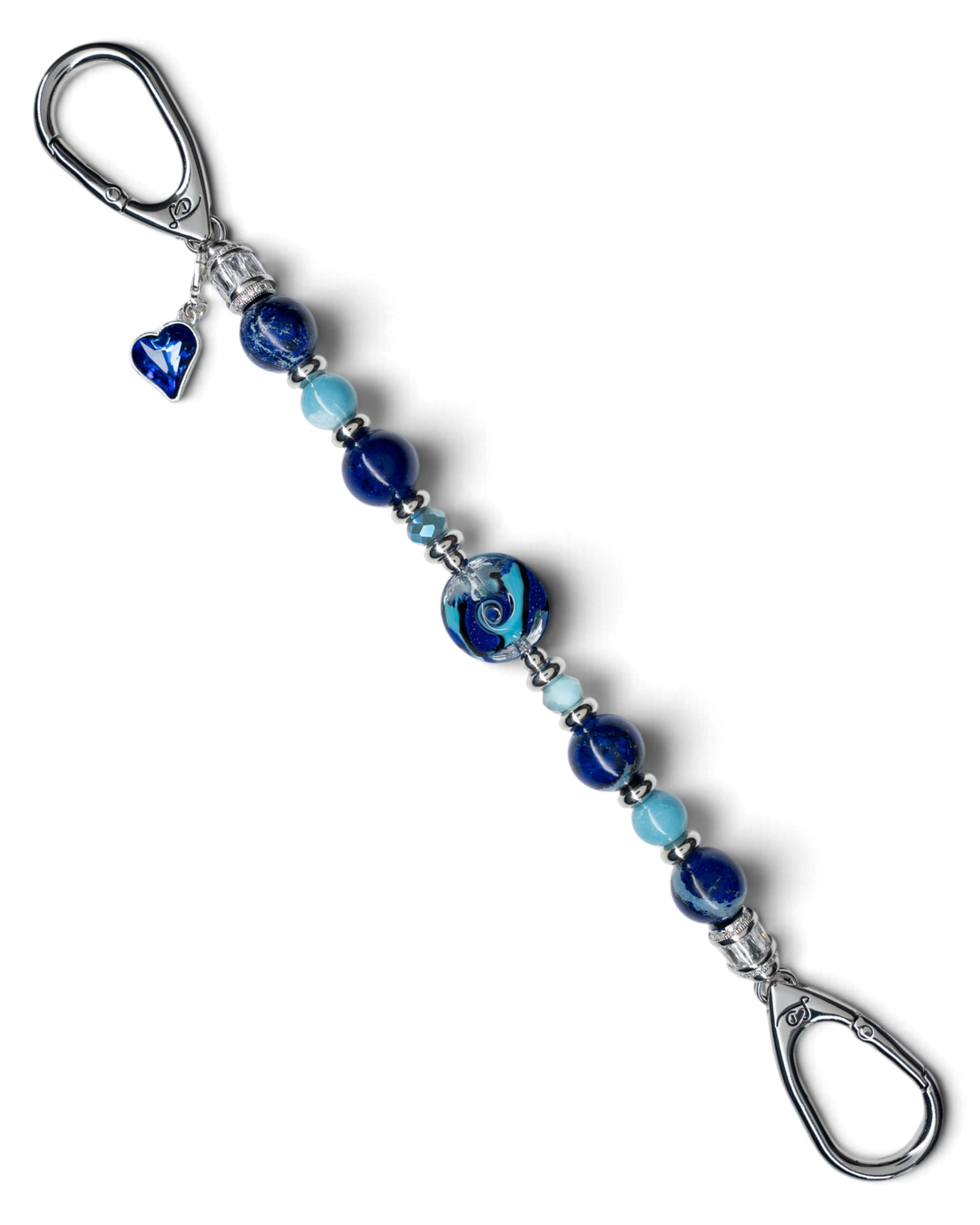 LD Keyfinder Sapphire Allure featuring blue jasper, larimar, artisan glass beads, and a sapphire heart charm.