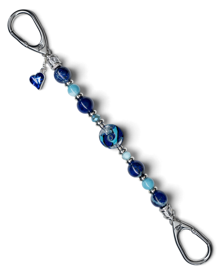 LD Keyfinder Sapphire Allure featuring blue jasper, larimar, artisan glass beads, and a sapphire heart charm.