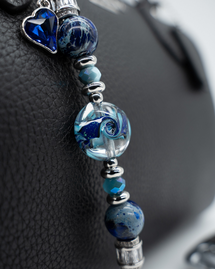 LD Keyfinder Petite Sapphire Allure featuring a handcrafted artisan glass bead, blue jasper, and sapphire heart charm.