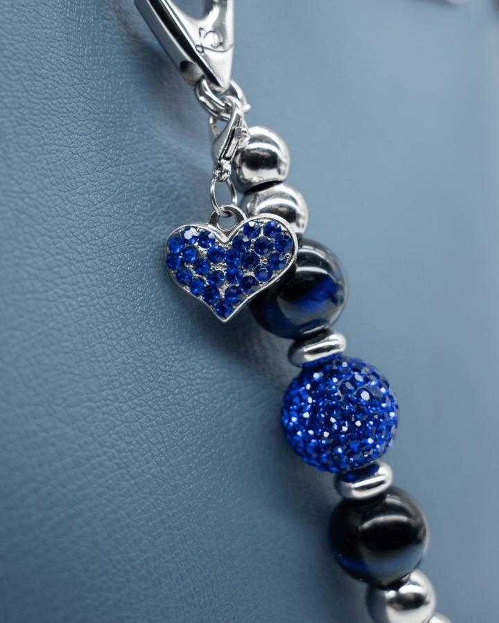 LD Keyfinder Sapphire Shimmer-Mini featuring blue tiger eye beads, Austrian crystals, and a blue rhinestone heart charm