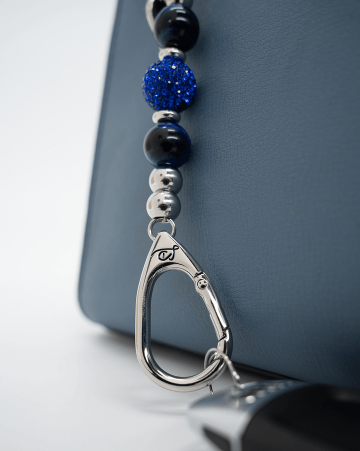 LD Keyfinder Sapphire Shimmer-Mini featuring blue tiger eye beads, sapphire Austrian crystals, and silver hardware.