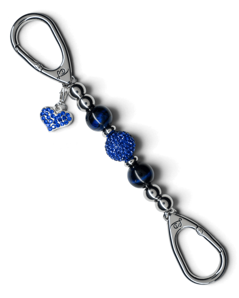 LD Keyfinder Sapphire Shimmer-Mini featuring dark blue tiger eye beads, a crystal center bead, and a heart charm.
