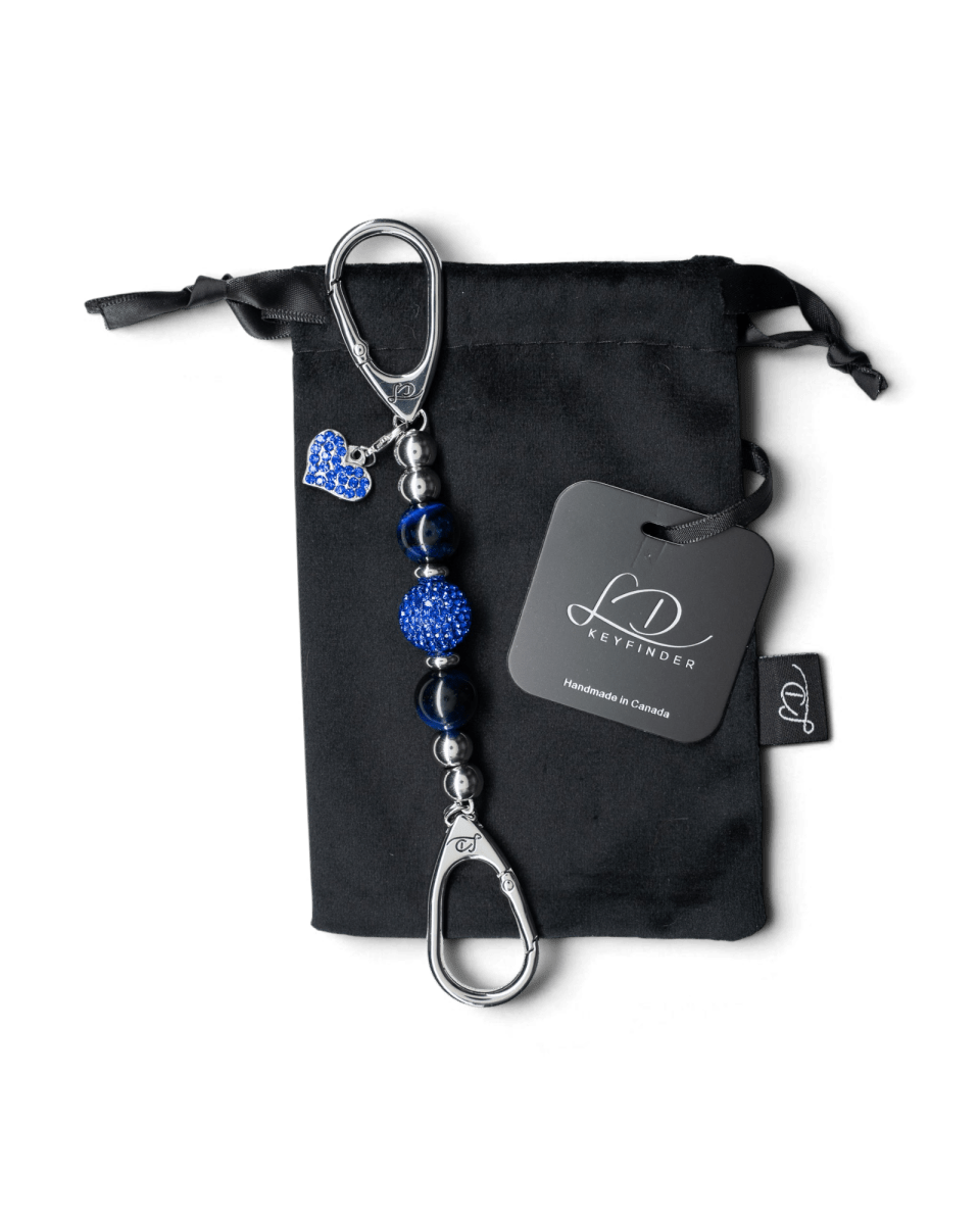 LD Keyfinder Sapphire Shimmer-Mini keychain with blue tiger eye beads, crystal center bead, and heart charm on pouch