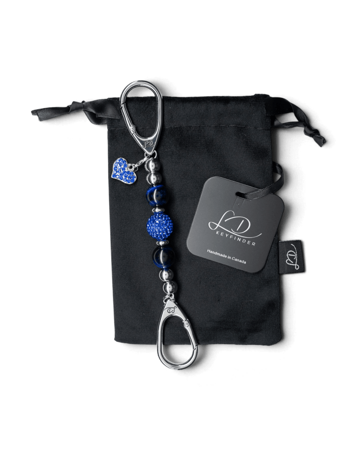 LD Keyfinder Sapphire Shimmer-Mini keychain with blue tiger eye beads, crystal center bead, and heart charm on pouch