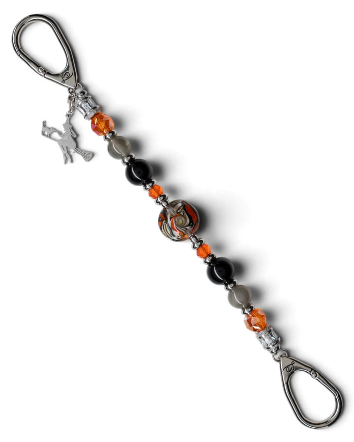 LD Keyfinder Spellbound Halloween accessory with black obsidian, moonstone, orange glass beads, and a witch charm.