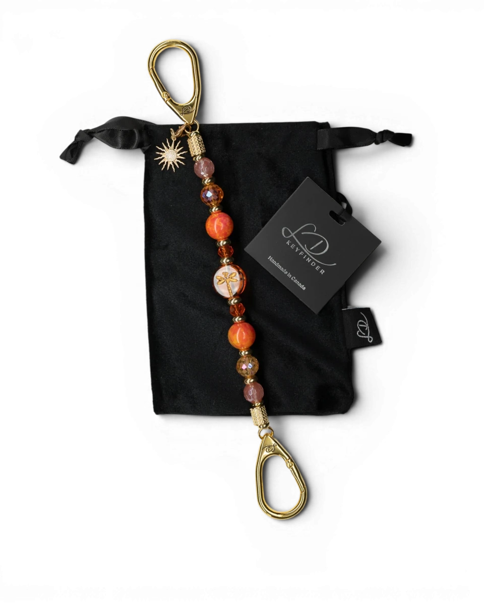LD Keyfinder Summer Sunset beaded keychain with coral glass dragonfly, cherry quartz, agate, and gold sun charm.