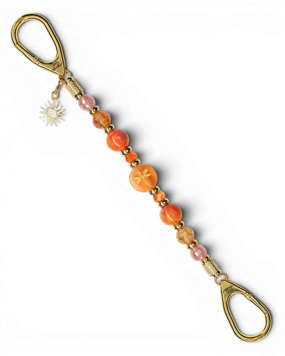 LD Keyfinder Summer Sunset beaded keychain with coral glass dragonfly centerpiece, agate, quartz, and gold sun charm.
